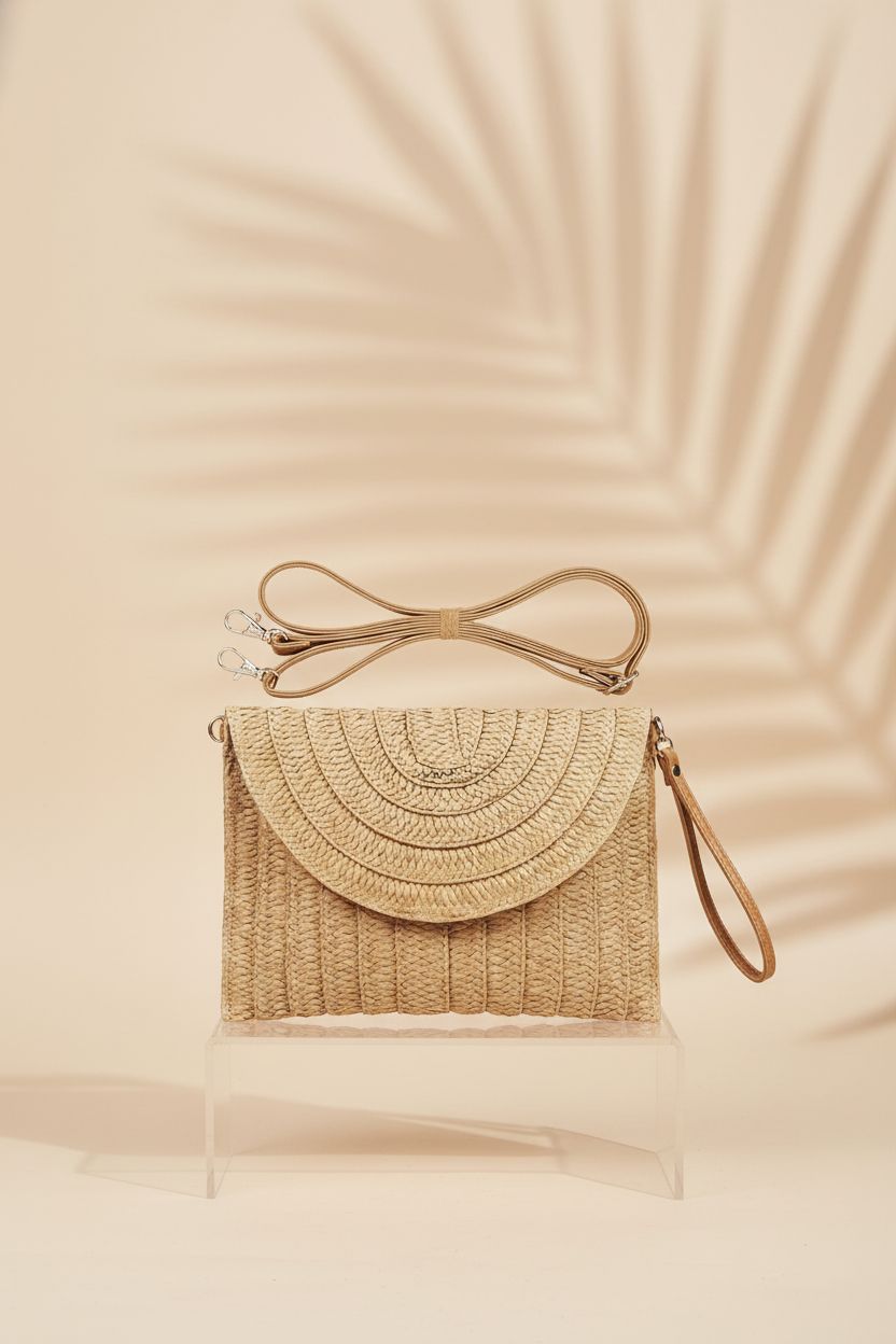 Detailed view of COOKOOKY light brown straw envelope bag showcasing its woven design.