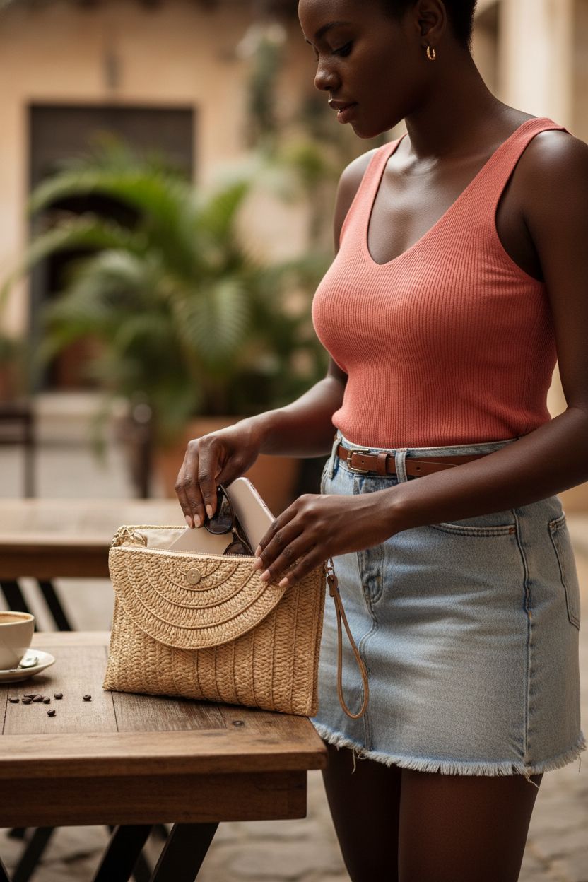COOKOOKY light brown straw clutch handbag in a café setting, perfect for summer outings.