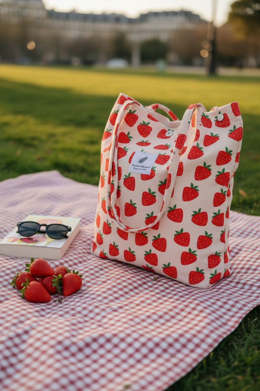 LHMTQVK strawberry tote bag on a picnic blanket with strawberries and a book, ideal for leisure