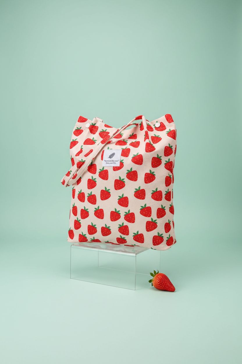 Detailed shot of LHMTQVK strawberry corduroy tote bag on a pastel set, highlighting its quality design