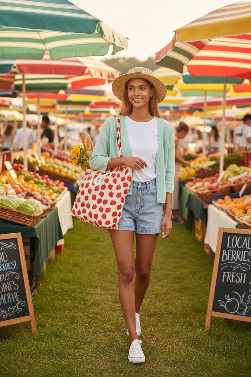 LHMTQVK cute strawberry tote bag at a farmers market with flowers and baguette, perfect for shopping