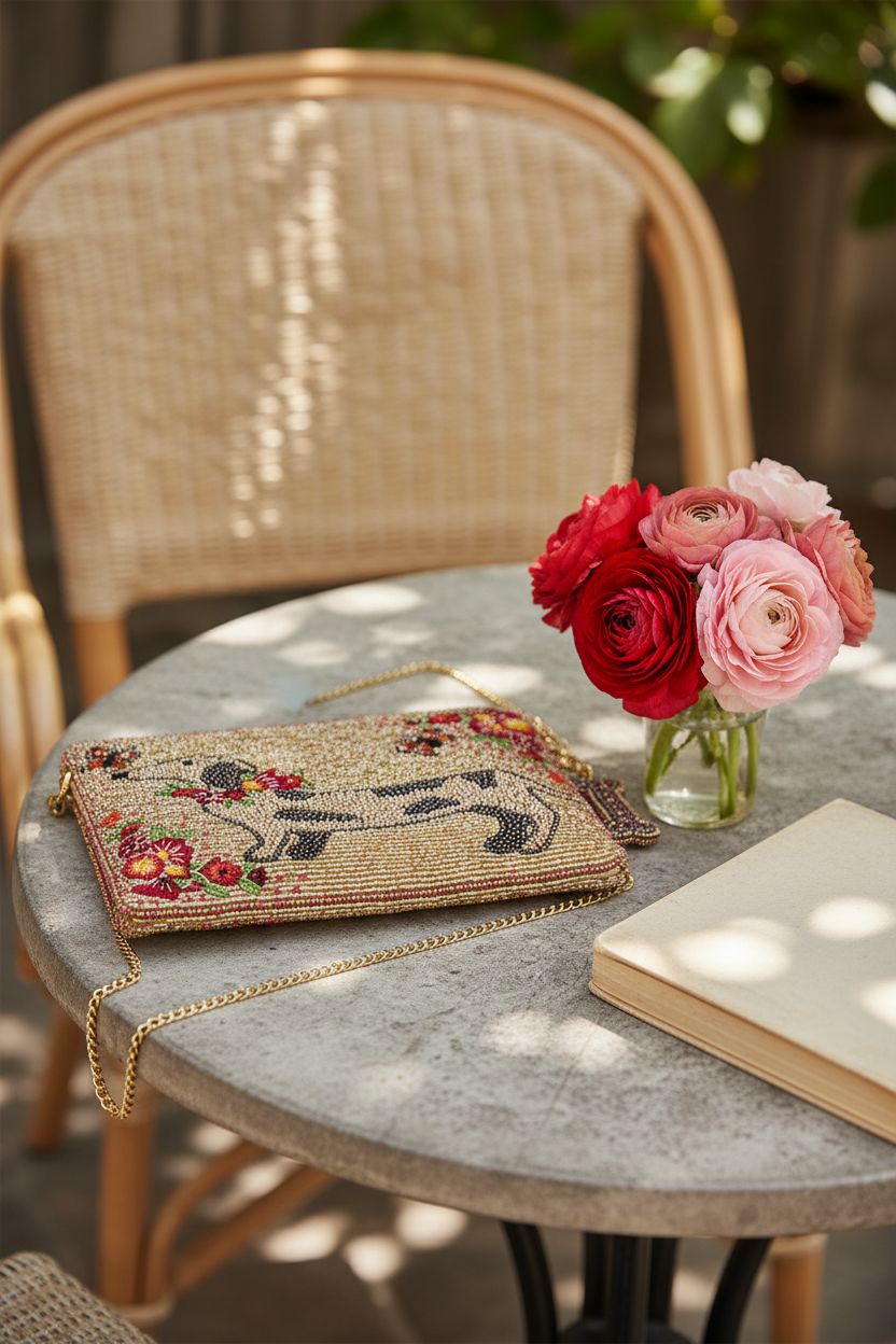 Cozy garden setting featuring Mary Frances dachshund purse next to flowers and a journal.