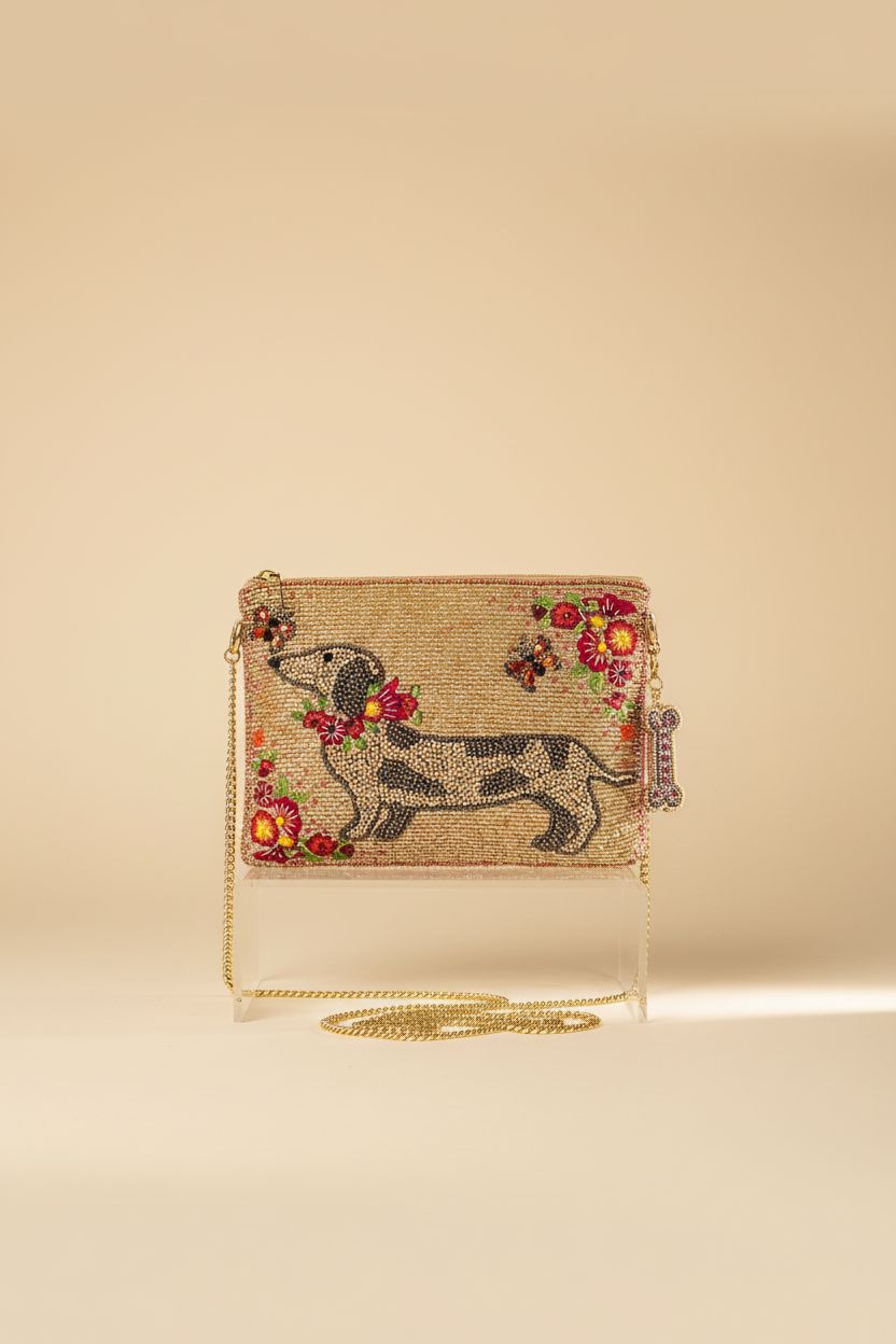 Close-up of Mary Frances dachshund purse showcasing intricate beading and floral details.