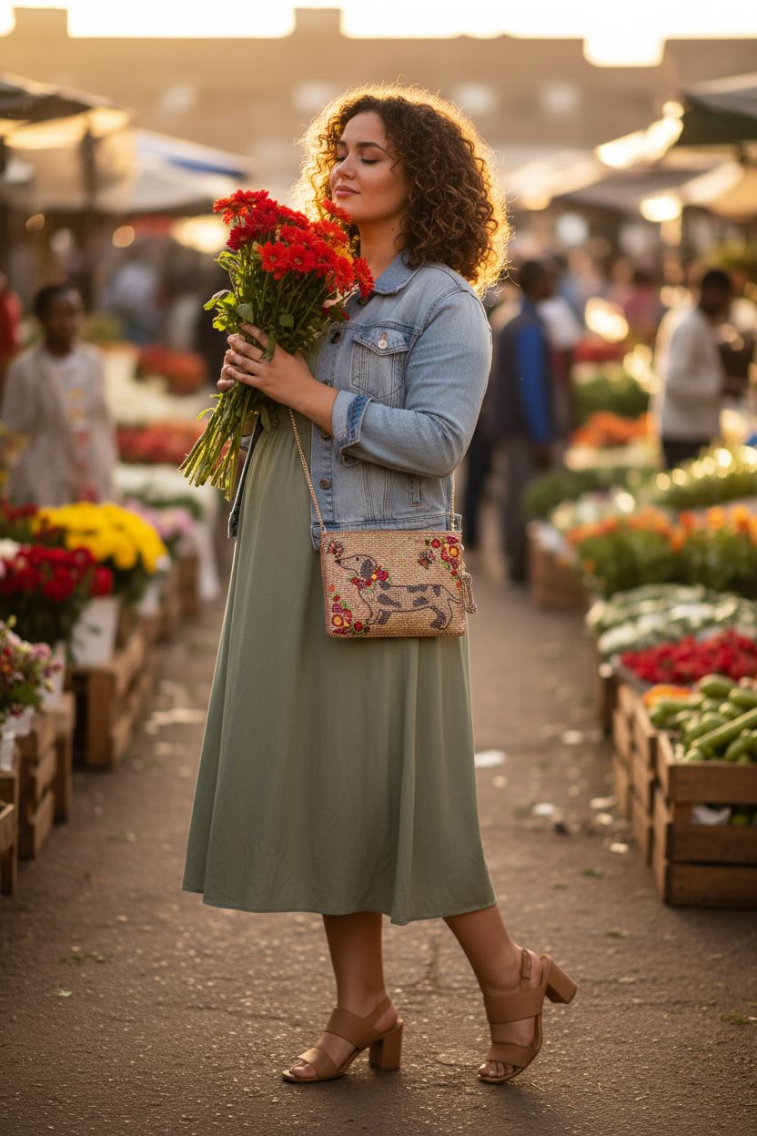 Beaded dachshund crossbody bag by Mary Frances at a vibrant market, showcasing floral embroidery.