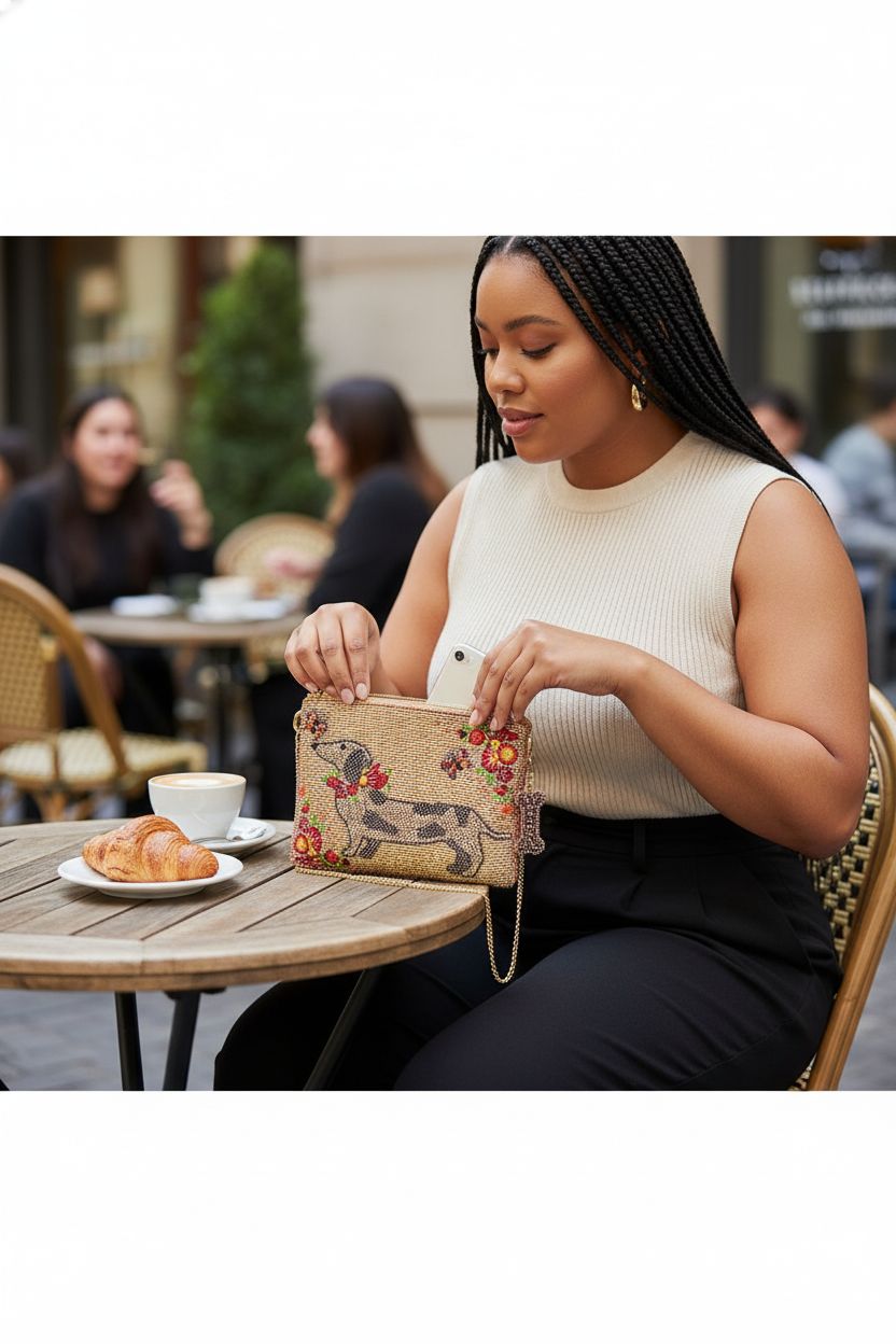 Mary Frances dachshund purse at a café, with bone charm and colorful beading, perfect for brunch.