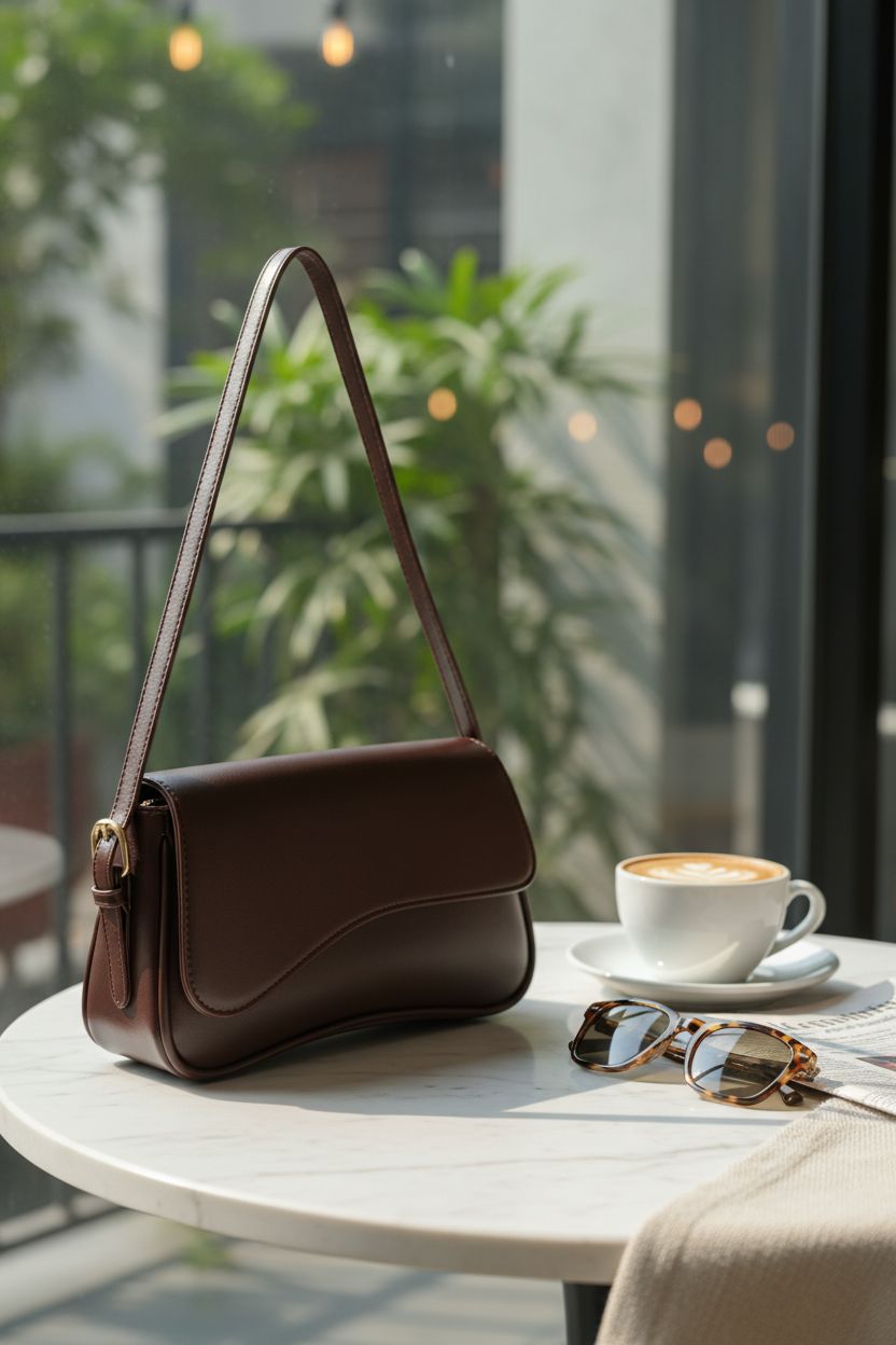 Verdusa dark brown handbag beside a cappuccino in a serene café setting