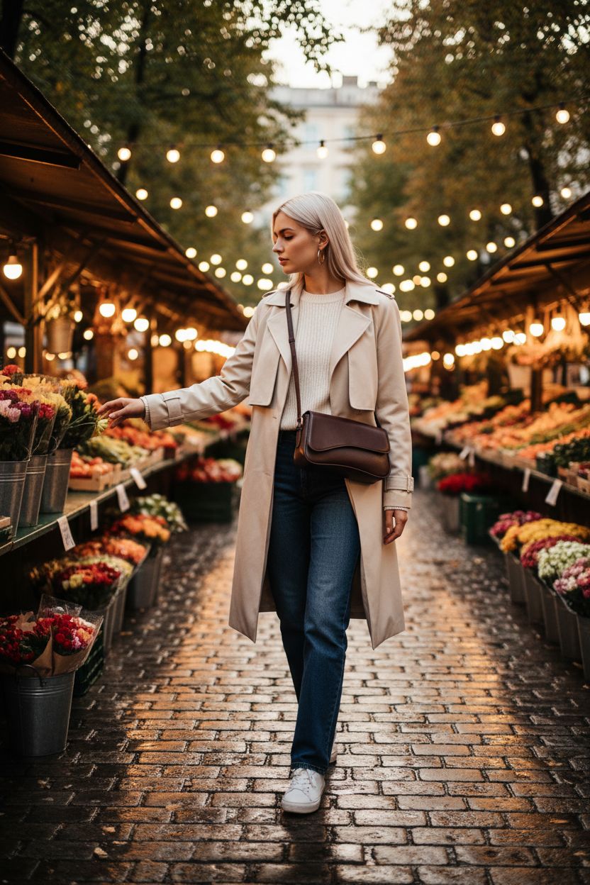 Dark brown crossbody purse by Verdusa amidst a vibrant cobblestone market setting