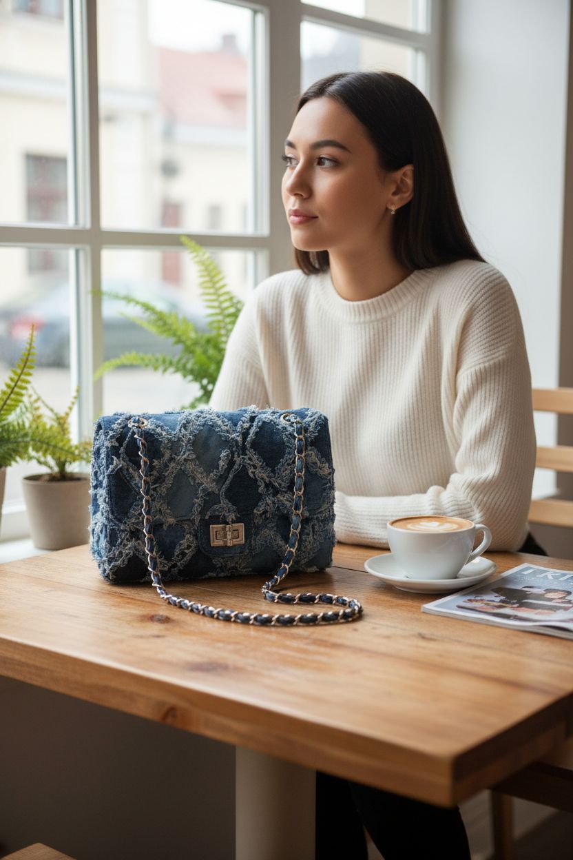 MKP COLLECTION blue denim bag beside cappuccino in a cozy café setting
