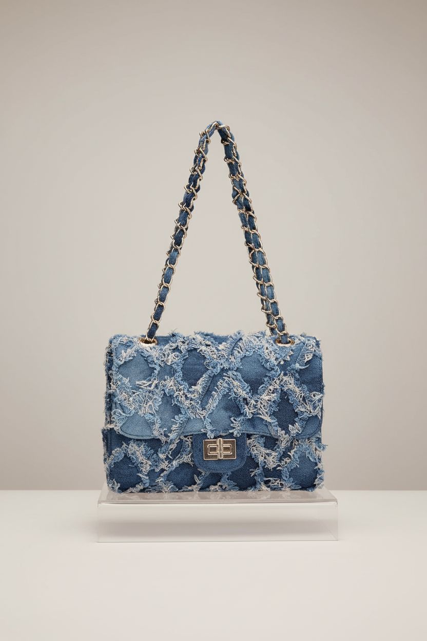 MKP Quilted Denim Purse on a studio backdrop, showcasing intricate quilting and chain details.