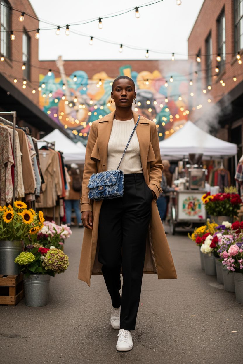 MKP Denim Purse worn crossbody at an urban market, highlighting its trendy distressed look.