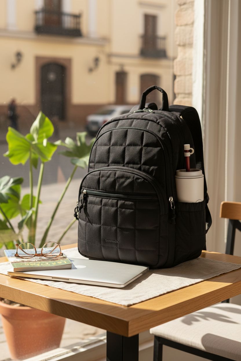 BAGSMART backpack on a table with a laptop and travel guide in café