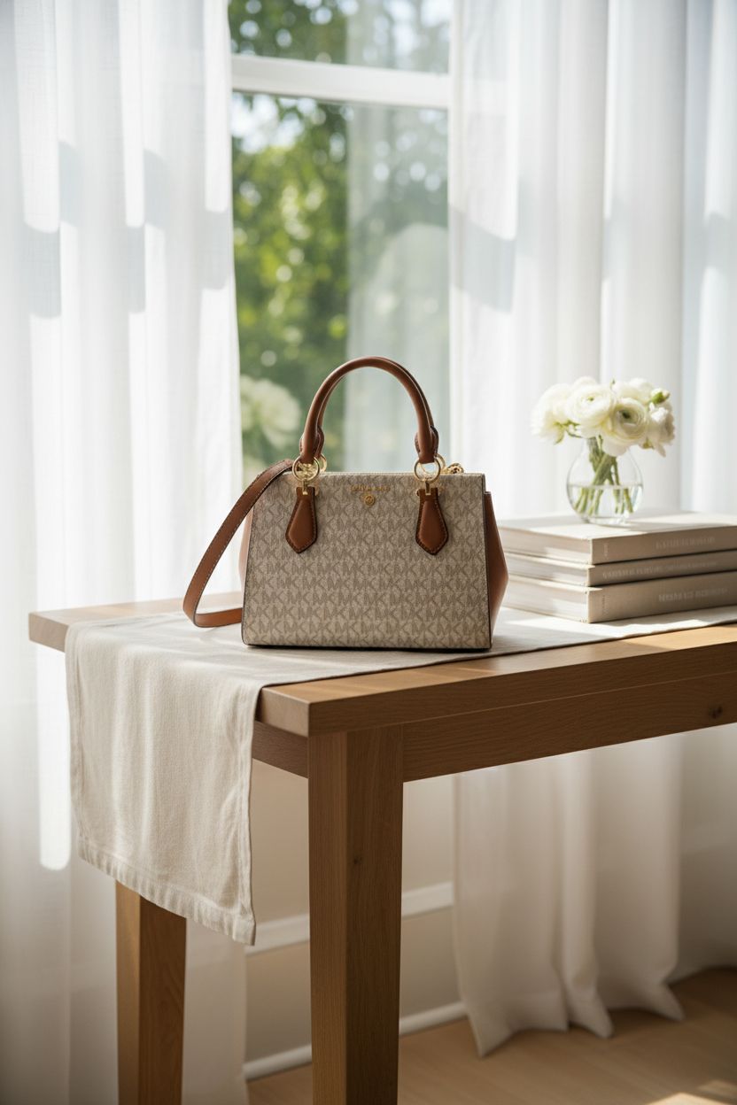 Michael Kors Marilyn Small Crossbody Bag resting on an oak console in a sunlit apartment, exuding relaxed luxury.
