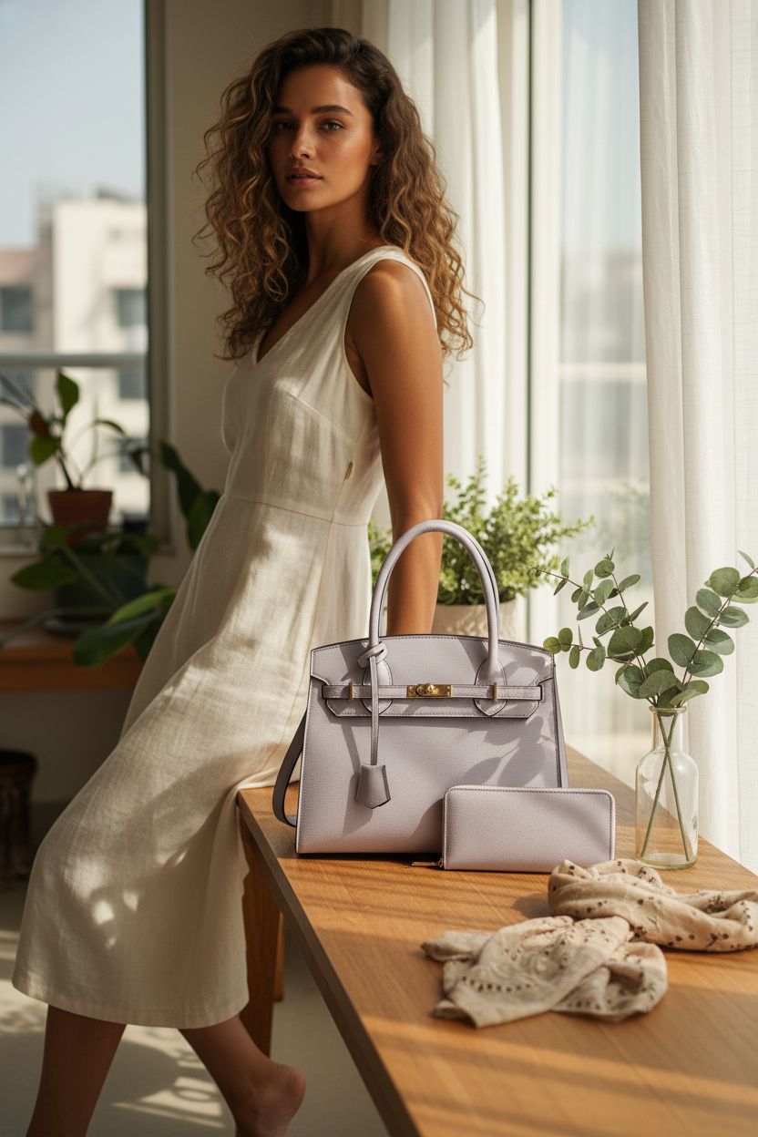 Light lilac Nymera bag resting on an oak console beside eucalyptus, embodying calm luxury in a sunlit room.
