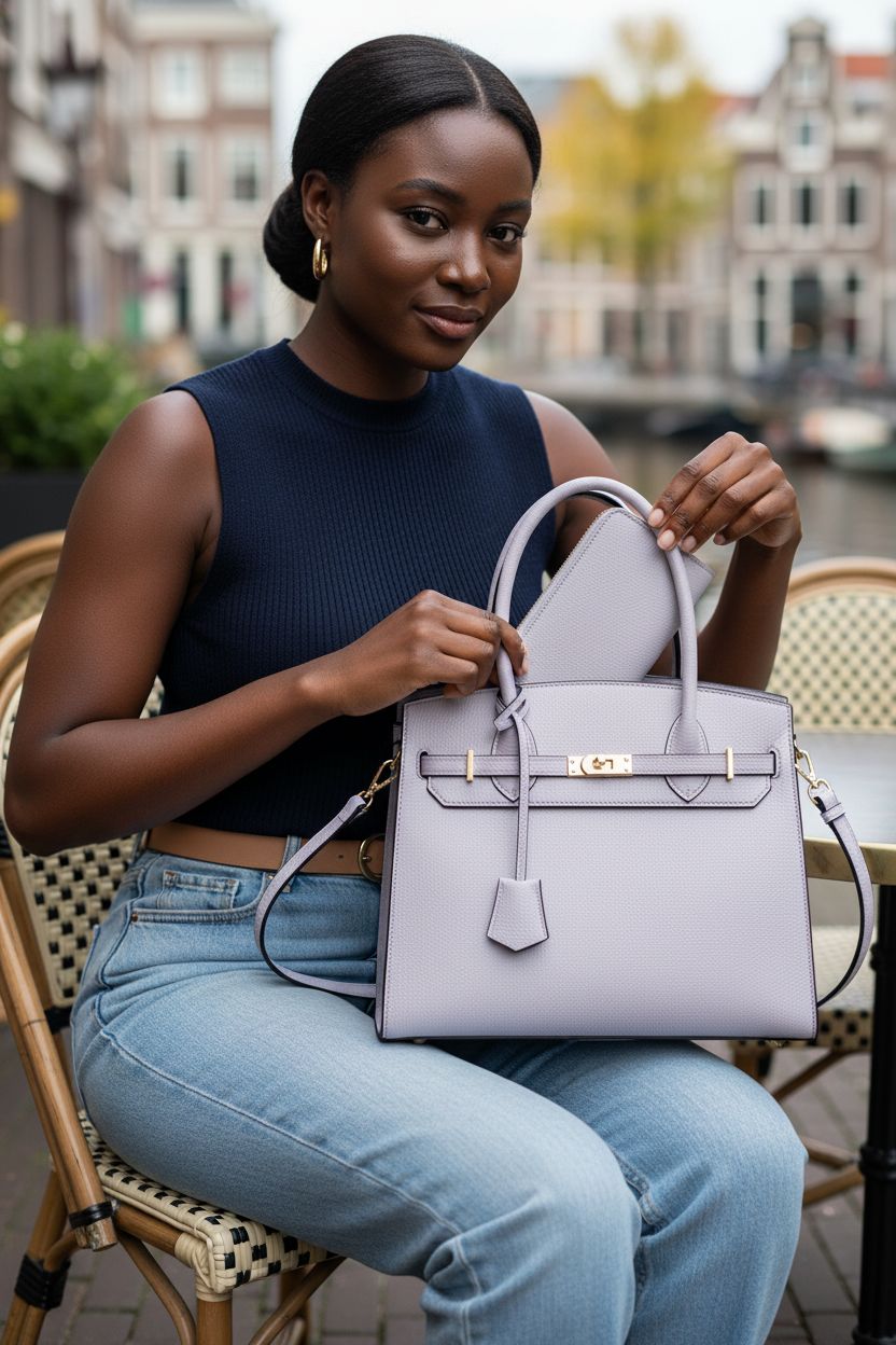 Light lilac Nymera designer handbag with adjustable strap and matching wallet at a café terrace, perfect for stylish outings.