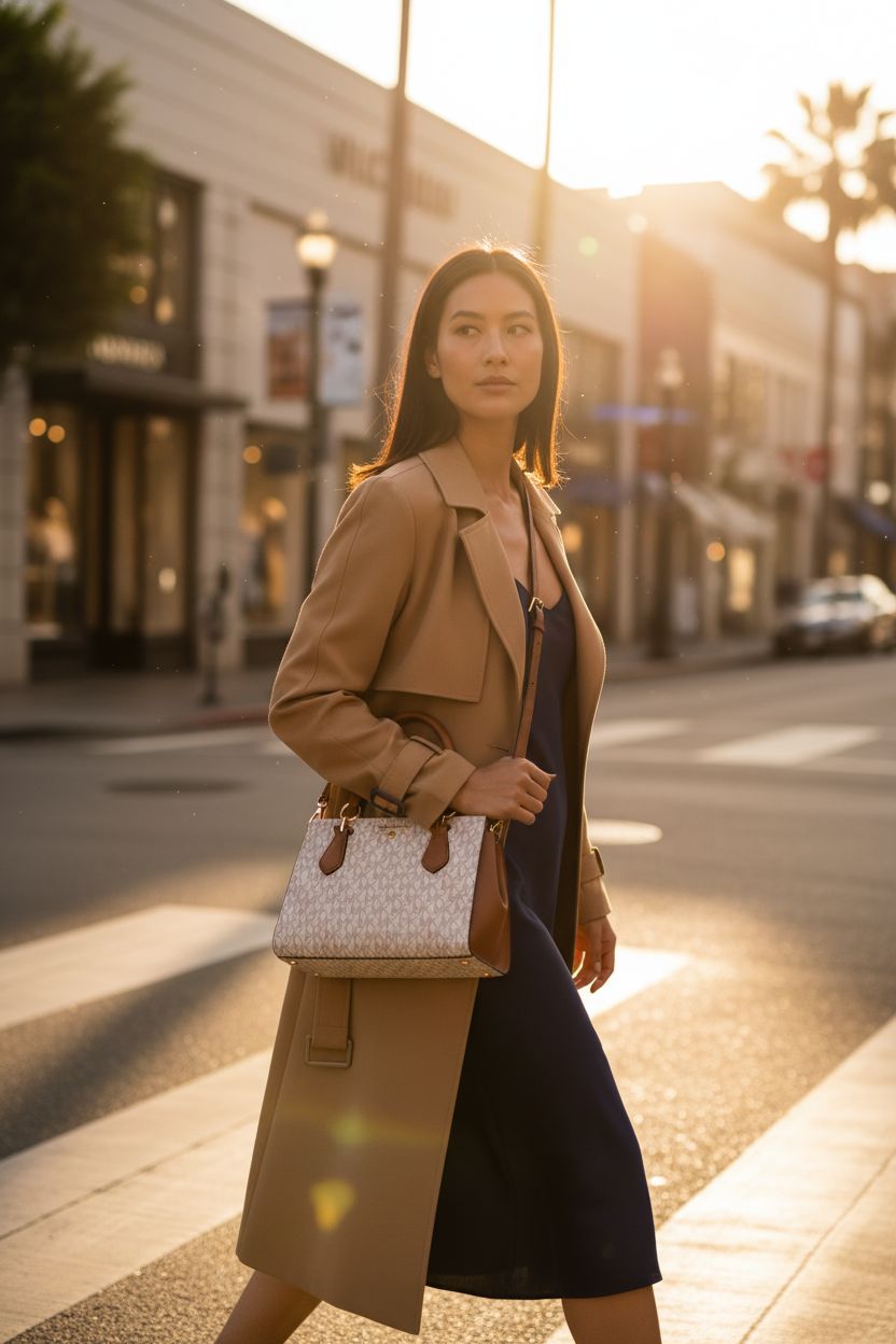 Michael Kors Marilyn Small Crossbody Bag in vanilla and acorn, styled with a chic outfit in an urban setting.