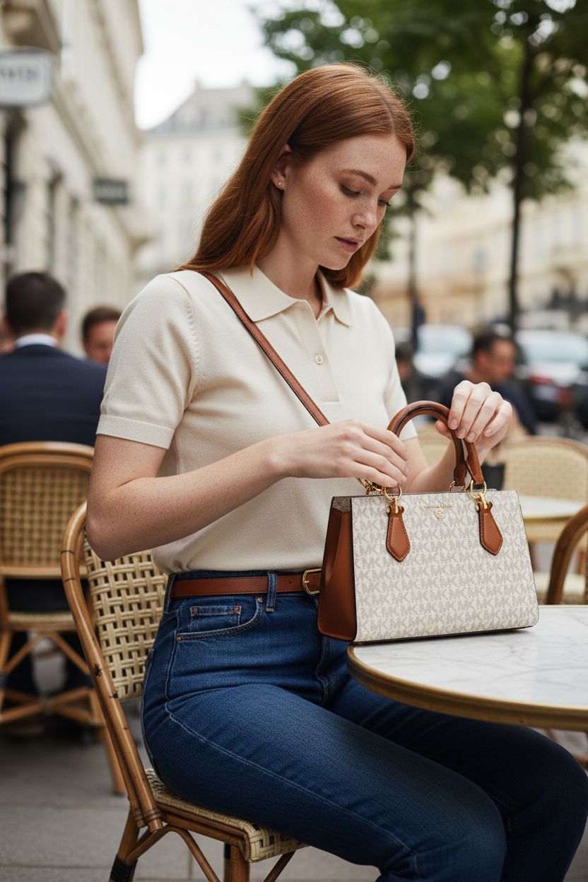 Michael Kors Marilyn Small Crossbody Bag on a café table, showcasing its elegant design with acorn leather and vanilla canvas.