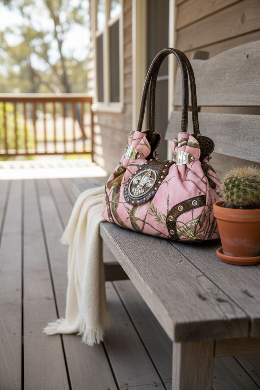 Dasein camo purse with rhinestone details resting on a rustic porch, capturing cozy ranch vibes.