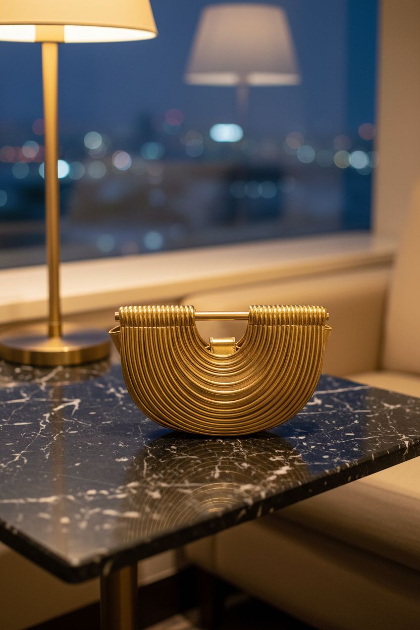 CUXVA gold clutch on a marble table in a cozy lounge, showcasing its elegant design.