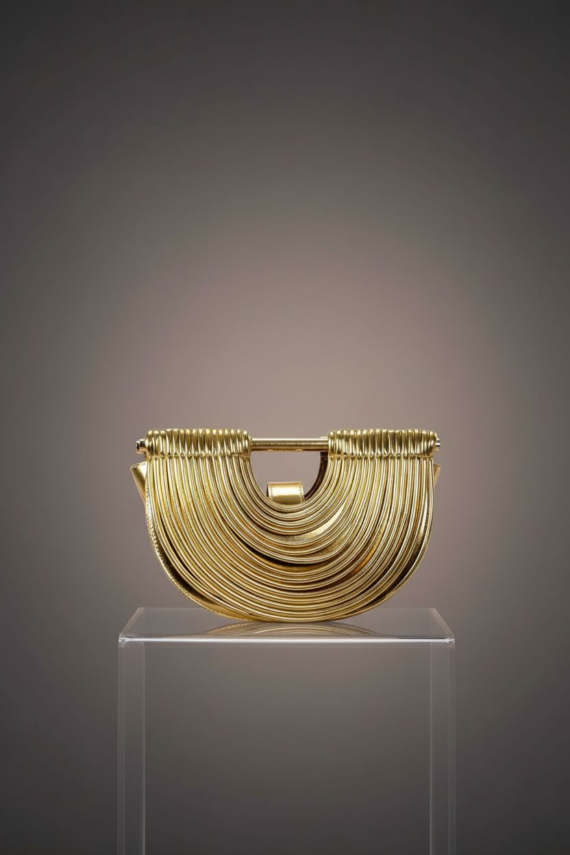 CUXVA gold half-moon clutch displayed on a pedestal, highlighting its luxurious texture.