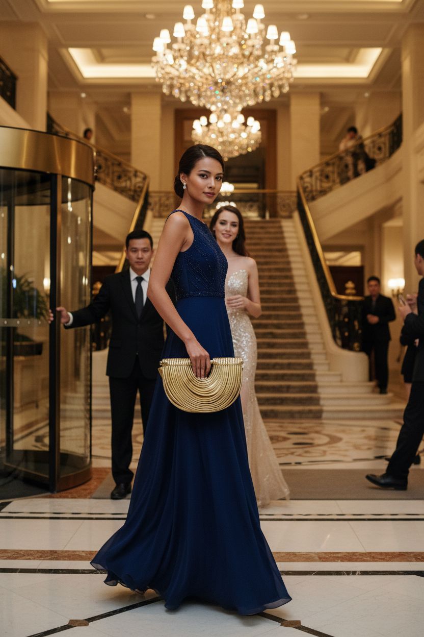 CUXVA gold clutch purse shining in a grand hotel lobby, ideal for gala events.