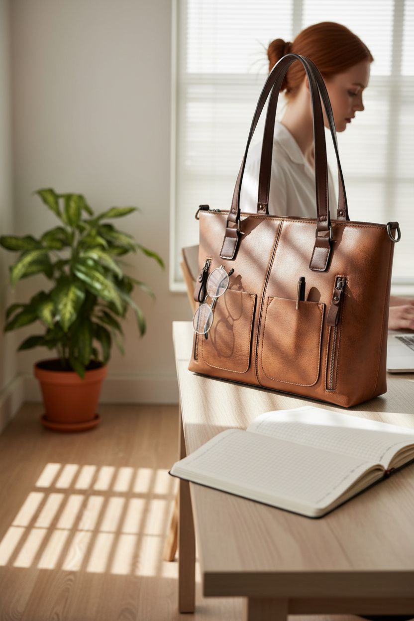LOVEVOOK handbag beside a laptop in a cozy home workspace