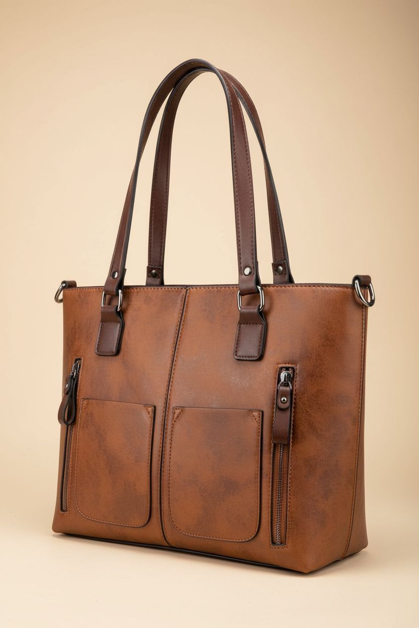 LOVEVOOK vintage leather tote bag showcasing its craftsmanship and pockets