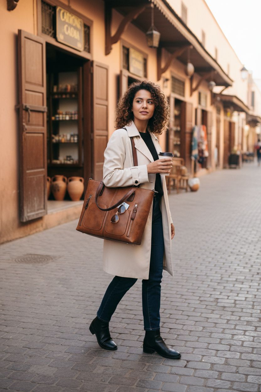 LOVEVOOK brown tote bag with outside pockets on a cobblestone street