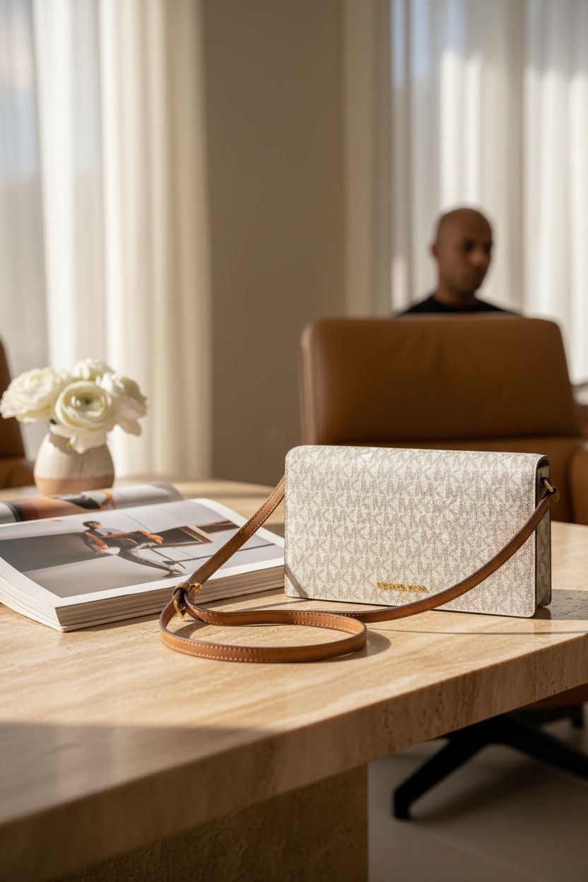 Michael Kors Jet Set Medium Flap Crossbody Bag resting elegantly on a table, surrounded by decor in a sunlit space.