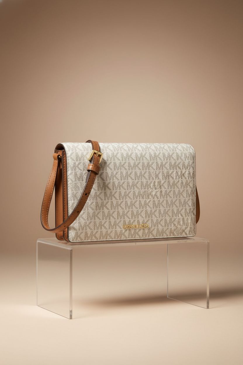 Close-up of Michael Kors Jet Set Medium Flap Crossbody Bag highlighting its exquisite craftsmanship and gold-tone accents.