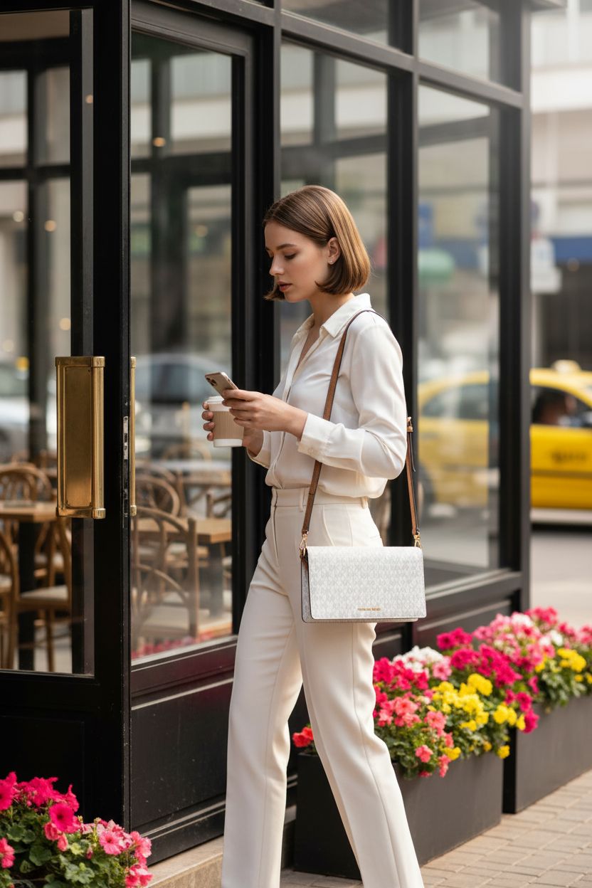 Michael Kors Jet Set Medium Flap Crossbody Bag in Vanilla and Acorn, styled in a vibrant urban setting.
