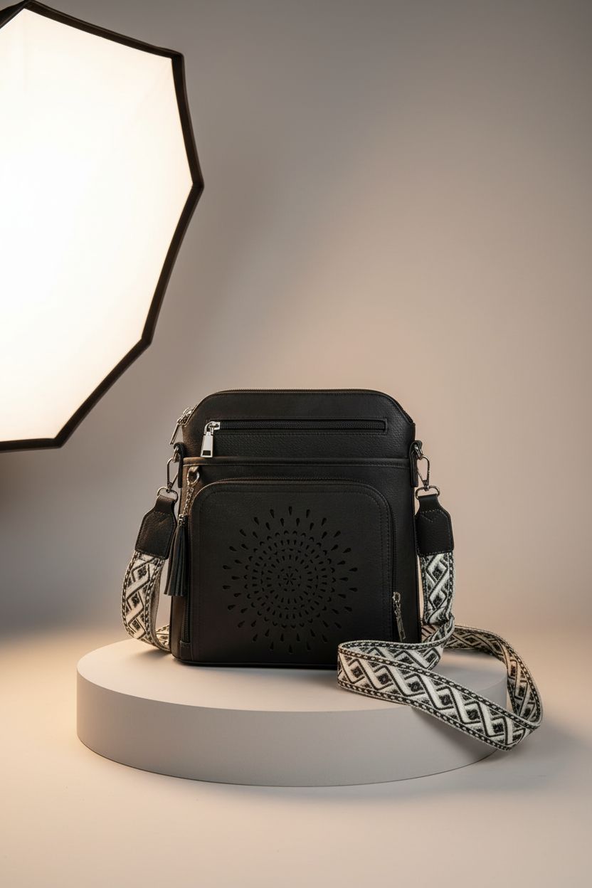 RAINSMORE black crossbody purse on display, emphasizing its sleek pockets and stylish details