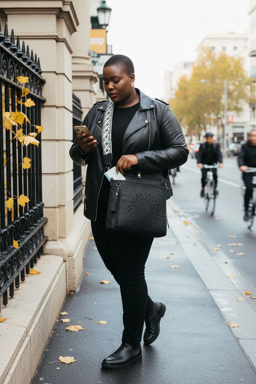 RAINSMORE black crossbody bag with lots of pockets, stylishly worn during morning rush