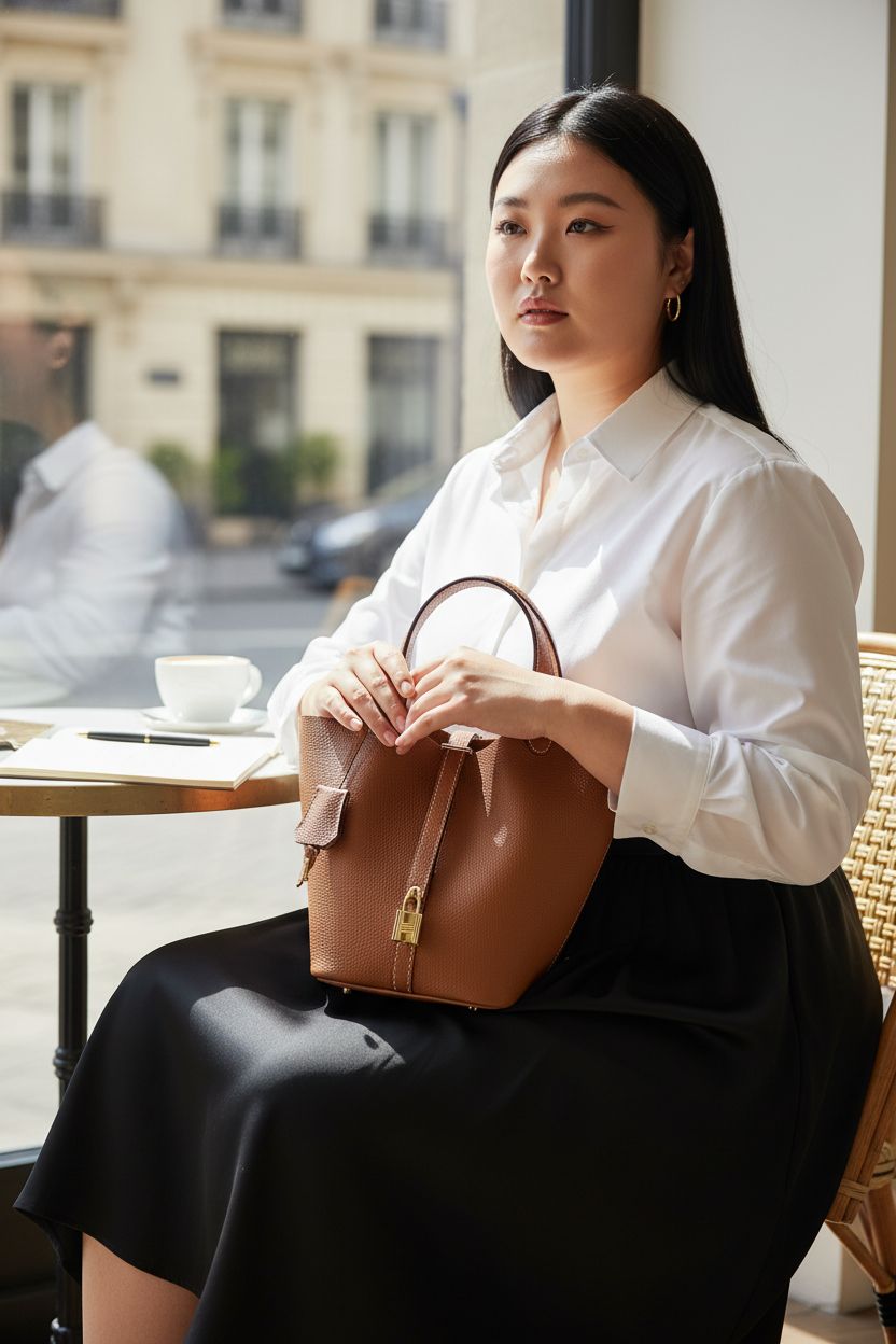 Designer leather bucket bag from hedexe resting on forearm in sunlit café setting.