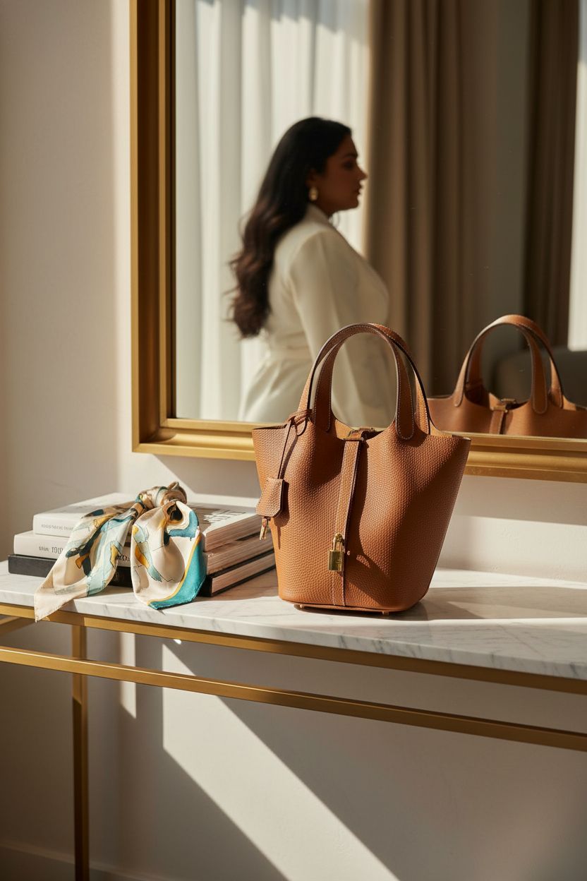 Hedexe designer leather bucket bag elegantly displayed on marble in a boutique hotel lobby, reflecting luxury.