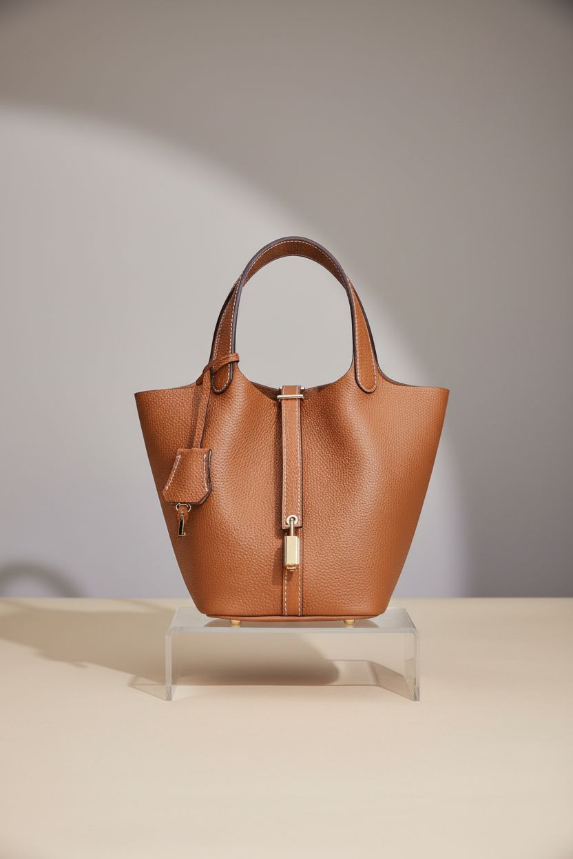 Hedexe designer leather bucket bag on a clear acrylic riser, highlighting its luxurious pebbled leather and craftsmanship.