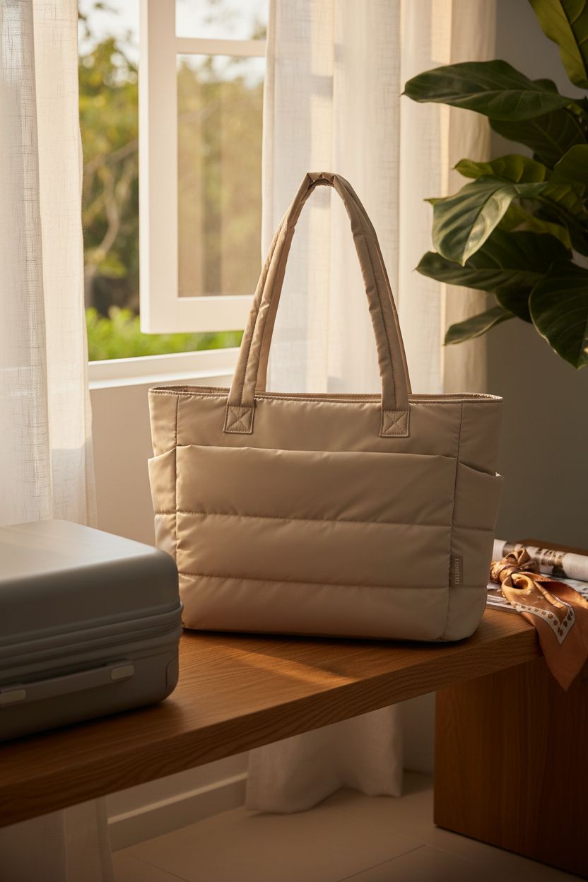 BAGSMART puffy tote bag on an oak bench in a cozy hotel room, styled for weekend travel.