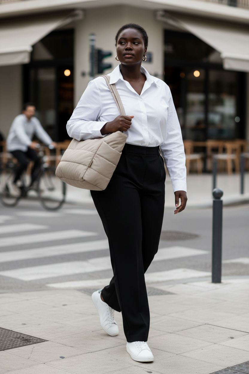 BAGSMART grayish-brown puffy tote bag against a chic black-and-white outfit in a café setting.