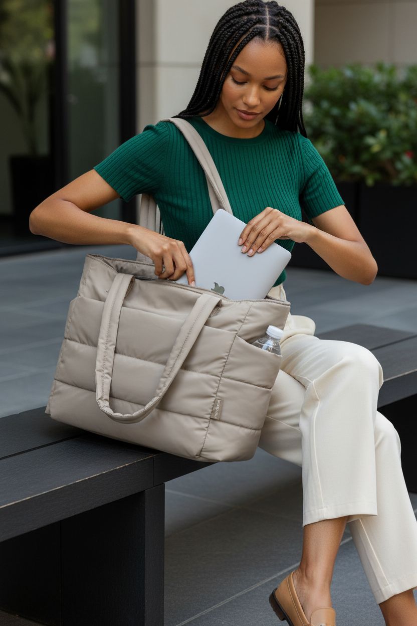 BAGSMART lightweight puffy tote bag on lap, revealing compartments for laptop and water bottle.