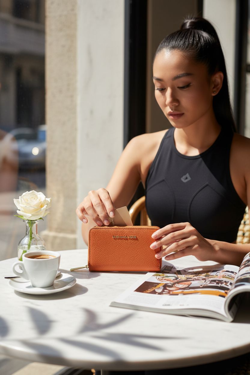 Michael Kors designer wallet in vibrant orange punch, positioned at a sunlit café with coffee and magazine.
