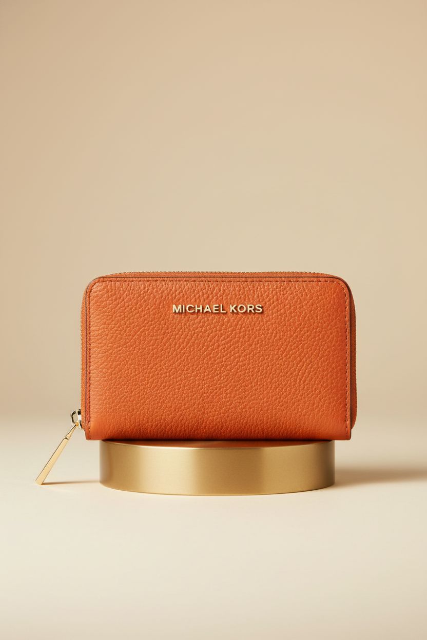 Close-up of the Michael Kors Jet Set Small Zip Around Card Case, highlighting its pebbled leather and gold-tone logo.