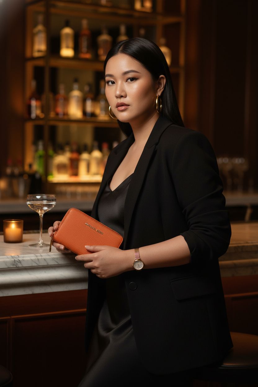 Michael Kors Jet Set Small Zip Around Card Case in orange punch with gold-tone hardware resting on marble bar.