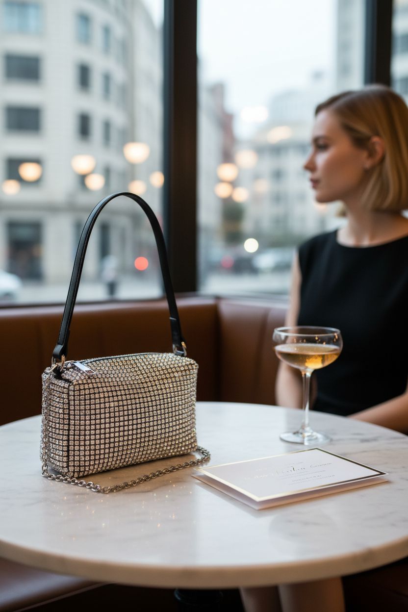 Valleycomfy rhinestone bag on a marble table in a chic café setting