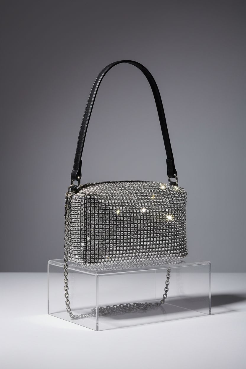 Valleycomfy rhinestone bag showcased on a clear acrylic riser in studio