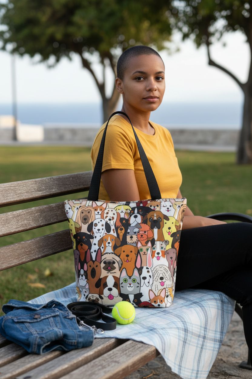 BCQJNB dog print purse on a park bench, ideal for relaxed afternoons with pets.
