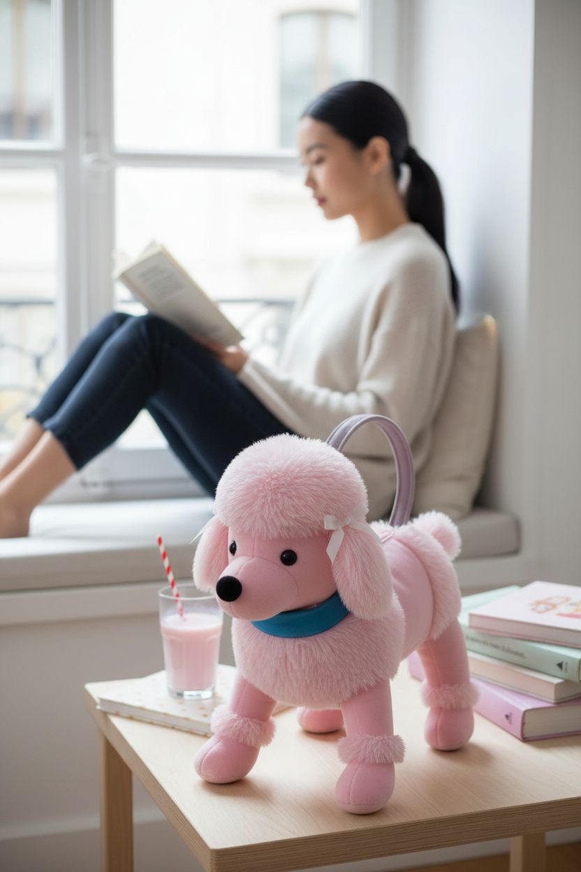 Cozy reading nook featuring a plush pink poodle purse ready for outings, by Vaulted Skulls & Co.