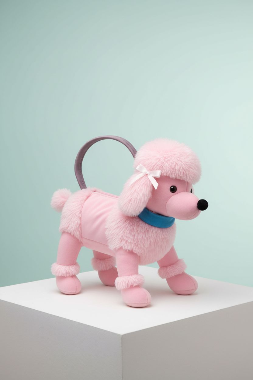 Product shot of a plush pink poodle purse showcasing detailed craftsmanship, by Vaulted Skulls & Co.