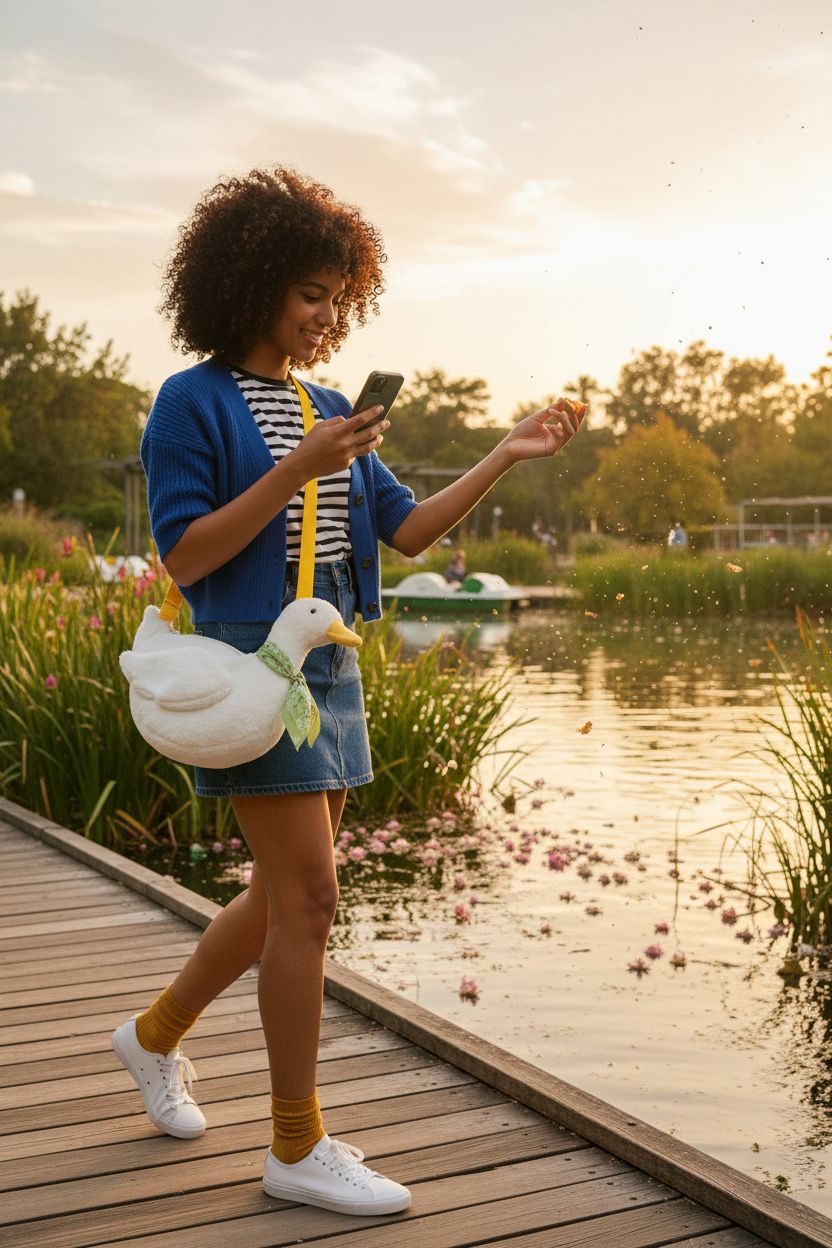 Plush GK-O Duck Bag swinging beside a cozy outfit in a park setting.