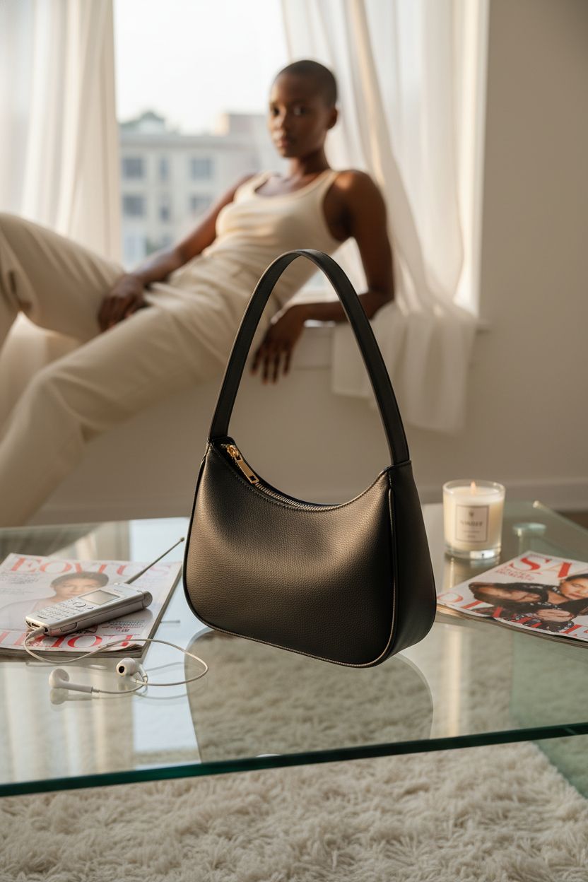 CYHTWSDJ black hobo purse on a coffee table, evoking Y2K nostalgia in a cozy setting.