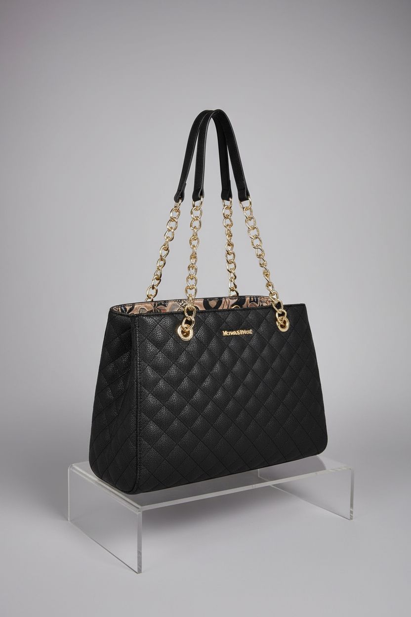 Montana West black quilted tote bag showcased on a minimalist gray backdrop.