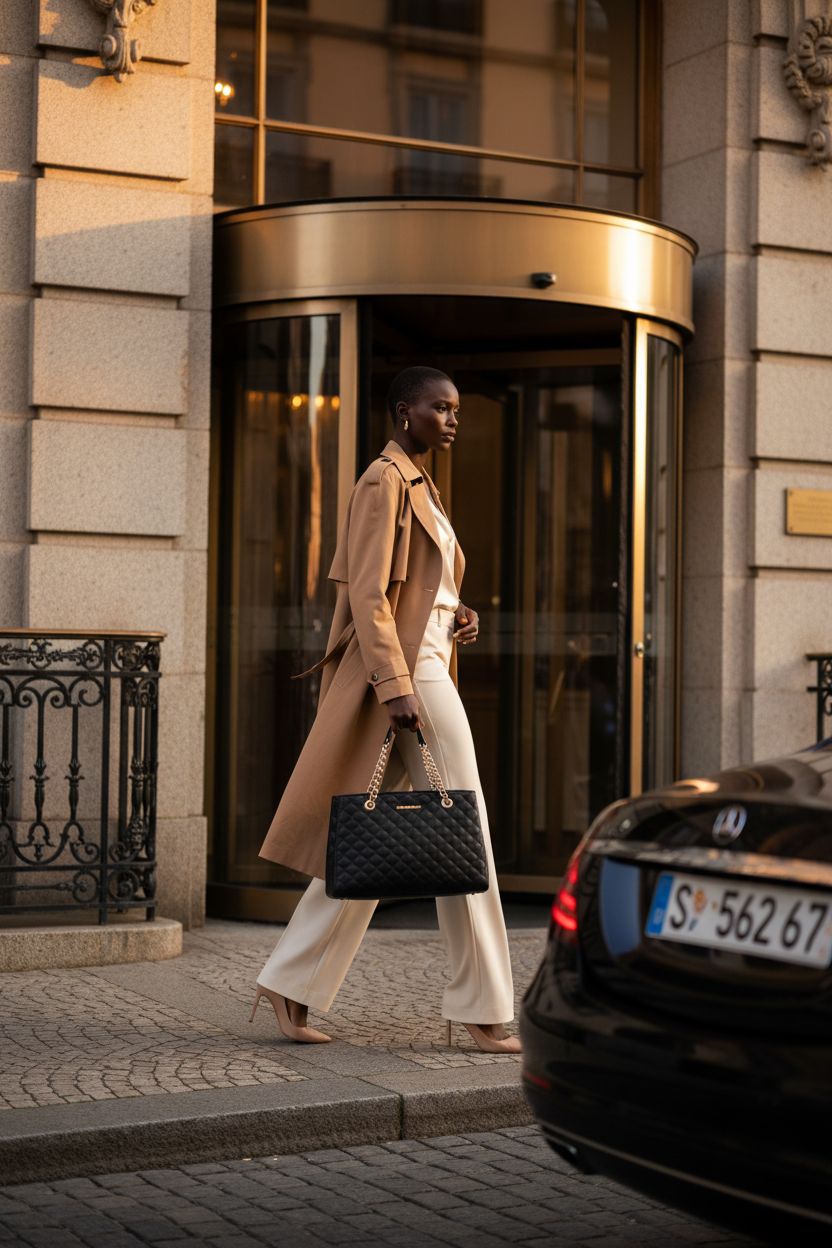 Elegant Montana West black quilted tote bag with chain strap, glowing in golden hour light.